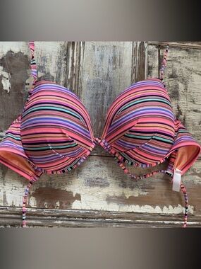 Victoria's Secret Pink Multicolor Striped Bikini Top, Size 36DD